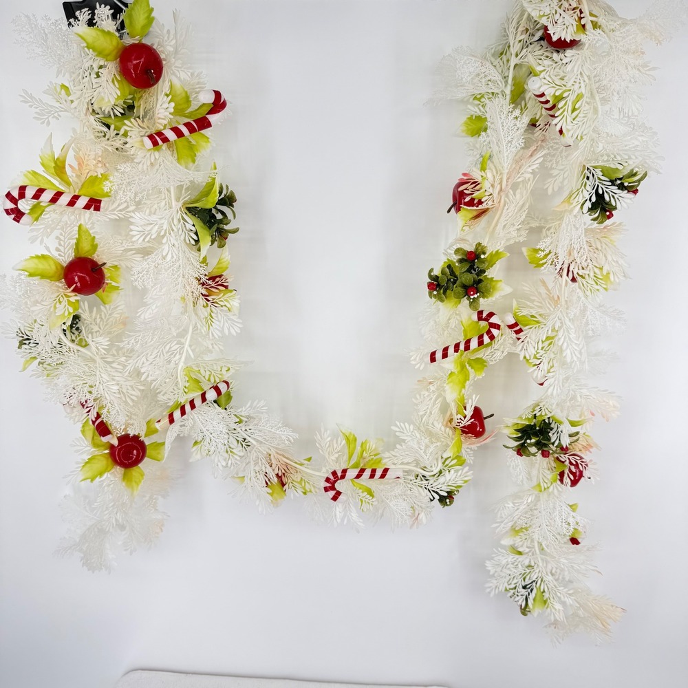 VTG 60's White Plastic Christmas Garland Candy Cane Apples Holiday Decor 8.5 ft